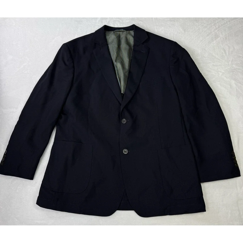 Q by Flynt Blazer Mens 44R Navy Journey 100% Wool Double Vented‎ Striped Lined